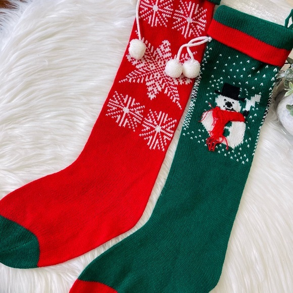 3/$25 Knit with Pom poms CHRISTMAS STOCKINGS set of 2 snowman snowflake HOLIDAY - Picture 6 of 6